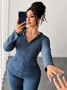 Elenzga Plus Size Women's Elastic Vertical Ribbed Knit Blue Hooded Zip-Up Top With Curved Hem And High-Waist Flared Pants, 2 Pieces Set Suitable For Birthday Party, Couple Date, Afternoon Tea, Photo Shoot, Light Evening Party - Blue - View 8