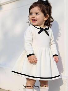 Cozy Pixies 嬰兒/幼兒（女童）優雅學院風女寶配色條紋水手領 3D 蝴蝶結針織毛衣秋季洋裝 - 白色 - 查看 9