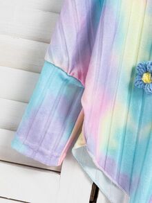 女童紮染 3D 花朵羅紋針織小高領上衣與喇叭褲 2 件套，馬卡龍彩色休閒可愛套裝，適合秋冬 - 彩色 - 查看 4