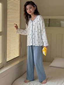 Dazy Kids Tween Girl) Long Sleeve T-Shirt Floral Contrast V-Neck Loose Basic Top + Pants 2 Pieces Set, Casual Home Wear For Autumn - Baby Blue - View 3