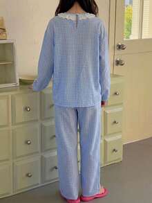 Dazy Kids Tween Girl V-Neck Plaid Long Sleeve Colorblock Casual Loungewear + Straight Leg Pants 2 Pieces Set - Baby Blue - View 2