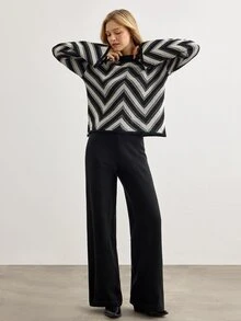 SHEIN Black Beige Pattern Knit Sweater And Wide Leg Pants Co-Ords Set –Oversized Geometric Jacquard - Black and White - View 4