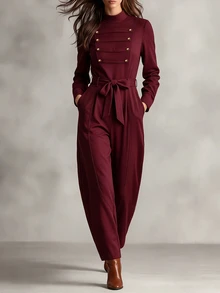 SHEIN Women's Regular Long Sleeve Long Pants Jumpsuit, Stand Collar Design, Napoleon Ribbon Button Design, Back Center Zipper, Waist Design, Hand Pockets, Curved Leg Design, Tapered Leg Design, Novel And Fashionable, Elegant, Sexy, Suitable For Dating, Gathering, Commuting, Party. - Red Violet - View 4