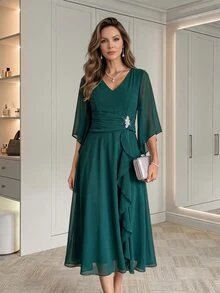 Medorina Women's V-Neck Rhinestone Decor Ruffle Hem Casual Party Dress - Dark Green - View 6