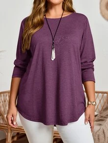 EMERY ROSE Plus Size Fall Women Solid Round Neck Long Sleeve Casual T-Shirt,Spring/Summer/Vacation - Purple - View 5