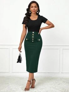 SHEIN Lady 女款黑色高腰鈕扣貼身鉛筆中長裙 優雅修身膝長 派對正式場合 職場辦公 外出 秋季 顯瘦 教會穿搭 - 墨綠色 - 查看 5