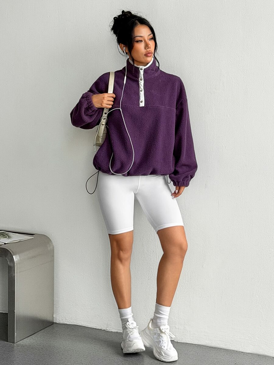 Easithlete Áo nỉ lông cừu dáng rộng cổ đứng cài nửa nút, áo thể thao thường ngày cho mùa thu/đông - Màu tím - Xem 1