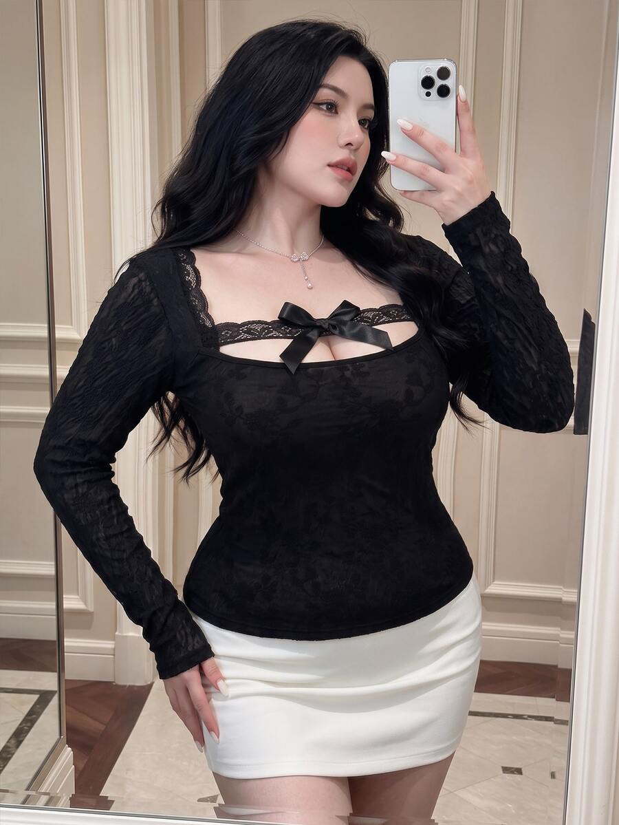 Vibekara Elegant,NewPureDesireSexyBlackContrast Lace BowDecorLong Sleeve Square Neck Hollow Out Hot Girl Inner Layer Top, Versatile T-Shirt Knit RibbedPullover - Black - View 1