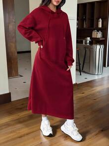 SHEIN EZwear Gray Casual Long Hooded Sweatshirt, Autumn/Winter,Long Sleeve Tops - Burgundy - View 6