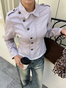 Livesso Women's Light Gray Washed Loose Fit Long Sleeve Cropped Denim Jacket With Collar, Buttons And Pocket Decor, Autumn - Light Grey - View 5