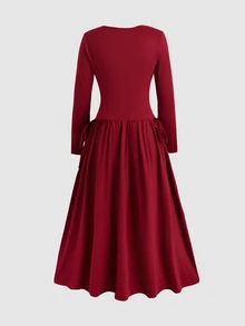 SHEIN 青少年女孩 春/秋季休閒優雅復古紅色針織不對稱抓褶蝴蝶結設計A字收腰長洋裝，適合聖誕節、新年、派對穿著，紅色洋裝 - 酒紅色 - 查看 6