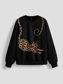 ROMWE Grunge Punk Dark Vintage Cat Graphic Pullover Sweatshirt For Women - Black - View 1
