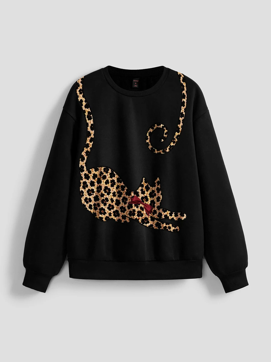 ROMWE Grunge Punk Dark Vintage Cat Graphic Pullover Sweatshirt For Women - Black - View 1