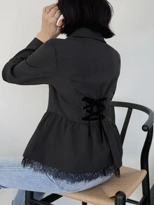 FRIFUL Women's Lace Patchwork Tie Design Casual Commute Blazer - Grey - View 1