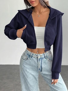 SHEIN PETITE 白色女款純色前拉鍊長袖口袋極簡連帽外套，休閒秋季日常穿著，返校教師穿搭，適合嬌小女性 - 藏蓝色 - 查看 6