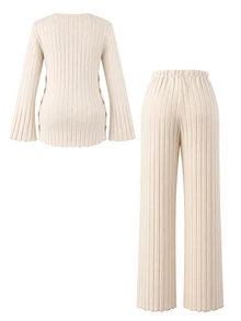 Moonlight&Mama Maternity Ribbed Long Sleeve Top And Adjustable Waist Pants Loungewear Set - Khaki - View 2