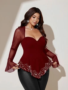 Viva Relle Sexy Slimming Square Neck Knit Top With Mesh Patchwork Design, Long Sleeve Plus Size T-Shirt Fall - Burgundy - View 4