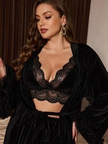 Slumberist Black Vertical Striped Velvet Plus Size Loungewear, Sexy Lace Patchwork Camisole, Drawstring Shorts, Robe 3 Pieces Set - Black - View 5