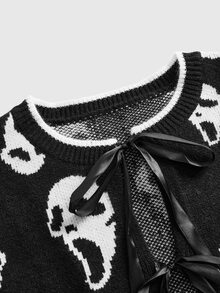 ROMWE Grunge Punk 2pcs/Set Women Leopard Print Bow Decor Sweater - Black and White - View 4