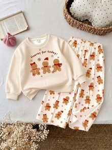 Baby Girl Gingerbread Man Print Crew Neck Sweatshirt And Wide Leg Pants Set Christmas - Multicolor - View 5