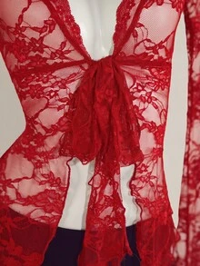 SHEIN ICON 女款時尚黑色V領蕾絲上衣，飄逸喇叭袖性感上衣 - 紅色 - 查看 5