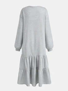 SHEIN 青少年女孩秋/冬灰色休閒基礎款寬鬆圓領落肩抓皺蛋糕裙襬長洋裝，返校穿搭，女孩長洋裝運動衫裙 - 灰色 - 查看 2