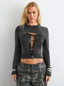 BAD SUNDAY Women's Autumn/Winter 2 In 1 Washed Tie-Front Knit Top, Vintage Y2K Style - Grey - View 5