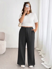 Shapeblank Plus Size Women's Solid Color High Waist Pocket Wide Leg Loose Long Pants Fall - Dark Grey - View 7