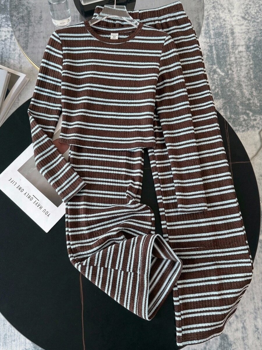 SHEIN 青少年女孩 2 件套 T 恤套裝,棕色時尚休閒圓領短袖與長袖 T 恤 + 寬鬆寬腿長褲 - 棕色 - 查看 1