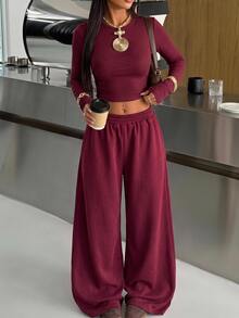 SHEIN EZwear 米色針織女款圓領長袖T恤與長褲套裝，居家旅行秋季休閒 - 酒紅色 - 查看 7