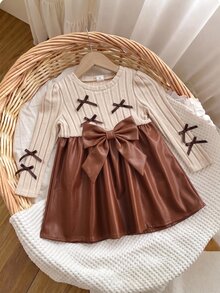 SHEIN Cute Knitted Bowknot Colorblock Long Sleeve Dress For Baby Girls - Khaki - View 6