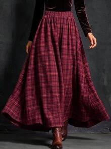 SHEIN Holidaya Chân váy chữ A kẻ caro đỏ phong cách vintage thường ngày đa năng cho nữ - Đỏ - Xem 3