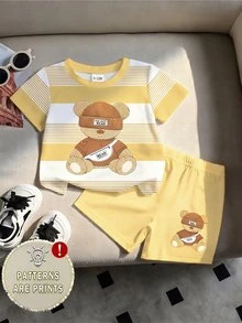 SHEIN 男嬰圓領卡通圖案拼色短袖T恤與短褲套裝，適合戶外活動、校服 - 彩色 - 查看 7