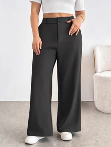 Shapeblank Plus Size Women's Solid Color High Waist Pocket Wide Leg Loose Long Pants Fall - Dark Grey - View 8