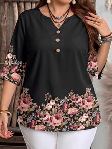EMERY ROSE 女款拼接花卉圖案鈕扣設計短袖襯衫 - 黑色 - 查看 3