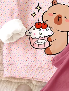 奶色系 Ins 風格甜美多巴胺彩色薄紗迷你波點，可愛療癒水豚動物印花，女童幼兒休閒抓絨內裡柔軟寬鬆圓領套頭衛衣與刷毛內褲新套裝，適合秋冬日常、校園、外出，復古高街女孩穿搭，甜美隨性時尚，慵懶風 - 彩色 - 查看 10