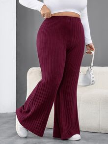 SHEIN CURVE+ 大尺碼女款黑色羅紋喇叭褲，秋冬季 - 酒紅色 - 查看 4