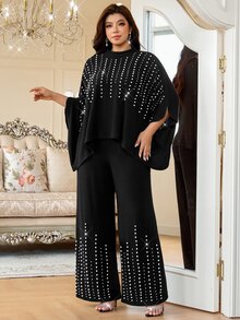 Reflora Plus Size Women's Round Neck Top And Long Pants Casual Daily 2 Pieces Set - Black - View 3
