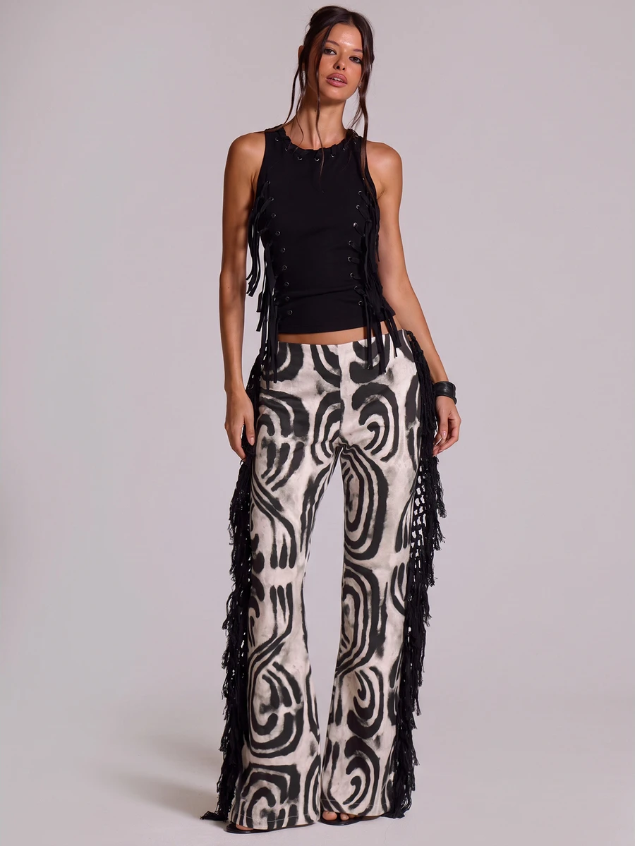 MUSERA Denim Leopard Print Low Rise Fringe Jeans Summer Autumn Going Out Festival Cool Girl Furiosa - Multicolor - View 1
