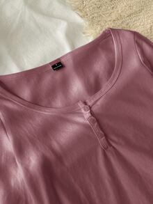 Tseoso 女款新款棉感蓮紫色 95%棉半開鈕扣 T-shirt，四季百搭，適合春秋居家穿著 - 藕粉色 - 查看 4