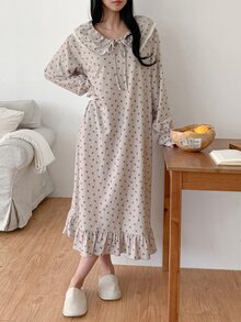 DAZY Women's Lace Patchwork Sweet Heart-Shaped Striped Pattern Loose Long Sleeve Dress Nightgown - Purple - View 6