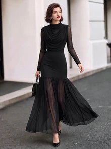 Editum Women's Solid Color Stand Collar Long Sleeve Ruched Elegant Sexy Mermaid Dress Night Cocktail Black Winter/Fall Christmas - Black - View 6