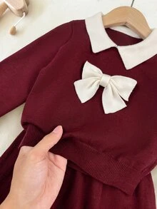 SHEIN Infant Girls Autumn/Winter Burgundy Baby Girl Sweater Set, Large Bow Design, Autumn Clothing - Red - View 4