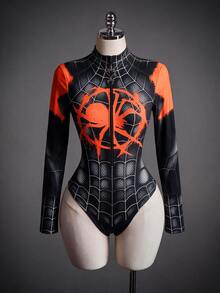 SHEIN ICON 萬聖節連身衣，黑色與紅色蜘蛛噴漆圖案，Cosplay服裝，女款假領前開襟秋冬長袖修身連身衣，休閒極簡日常百搭派對聚會機場穿搭 Y2K 上衣，音樂節穿搭，哥德風穿搭，畢業典禮，約會穿搭 - 彩色 - 查看 4