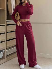 SHEIN EZwear 米色針織女款圓領長袖T恤與長褲套裝，居家旅行秋季休閒 - 酒紅色 - 查看 3