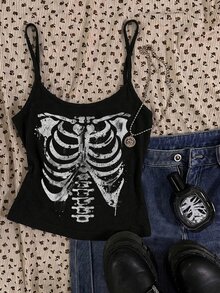 Attitoon Tank Top Wanita Kasual Seksi dengan Tali Bahu Tipis, Motif Tengkorak - Hitam - View 1