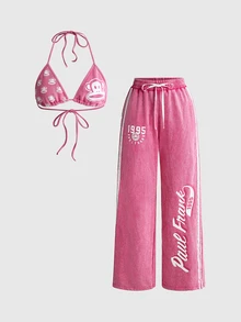 Paul Frank X ROMWE Distressed Wash Print Bikini Tank Top And Casual Loose Sweatpants 2 Pieces Set For Women, Autumn/Winter - Hot Pink - View 9