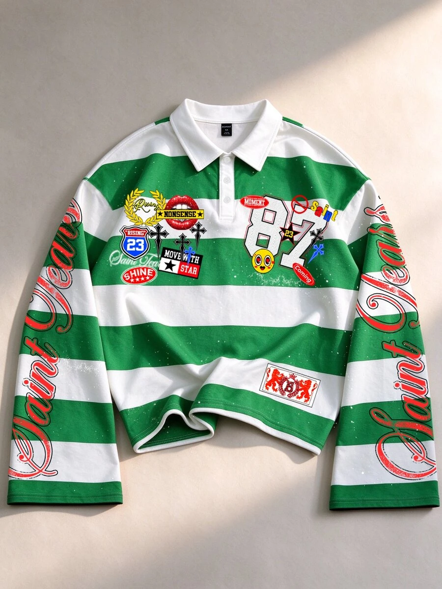 ROMWE MEN Spring Casual Graphic Men Striped Collar Prep Long Sleeve Printed T-Shirt, Casual College Style Top, Fall - Multicolor - View 1