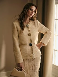 MOTF PREMIUM FASHIONABLE LUXURY HIGH-END ELEGANT LADY STYLE 3D FLORAL DECOR WOMEN'S LONG SLEEVE WOOL BLEND SHORT JACKET - Apricot - View 5