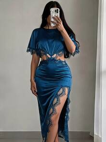 SHEIN SXY 女款絲綢蕾絲拼接不對稱性感優雅鏤空約會外出雞尾酒晚會萬聖節藍綠色夏季洋裝 - 藏蓝色 - 查看 1